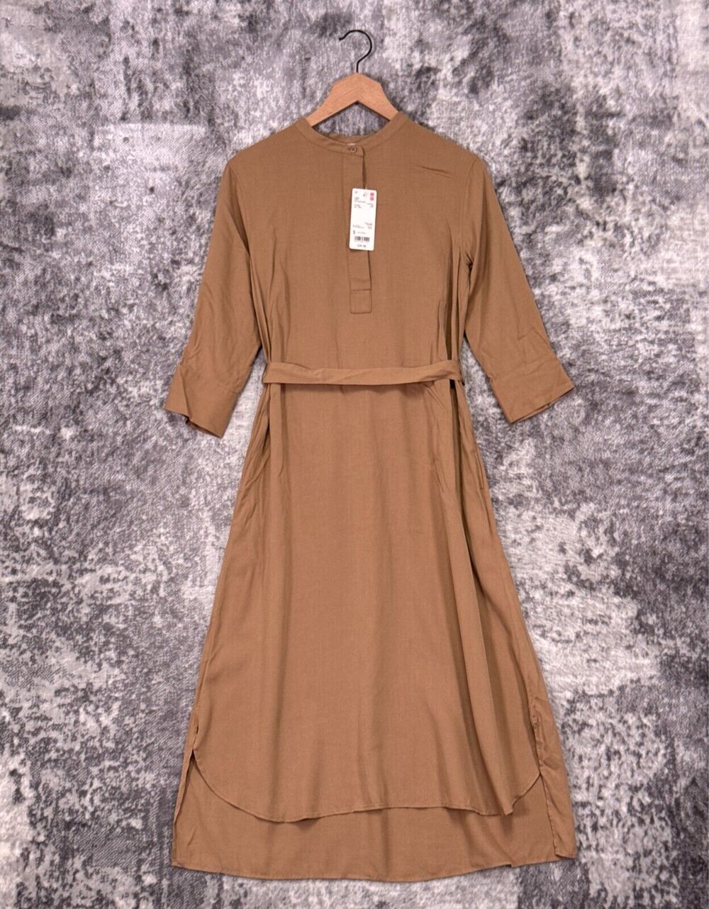 New Uniqlo Dress Small Womens Brown Twill Band Collar Tie Waist Midi Shirt